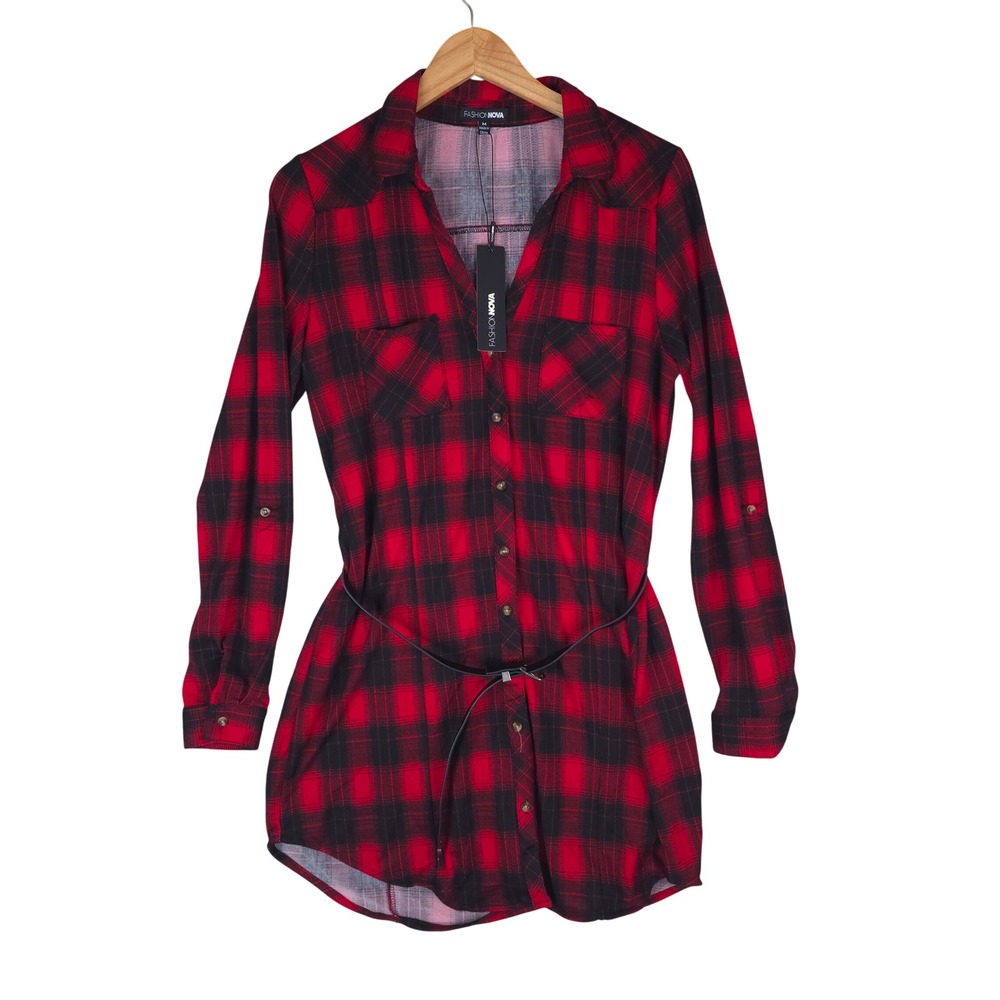 Fashion Nova Rebecca Belted Flannel Mini Dress Women M Red Plaid Lumberjack